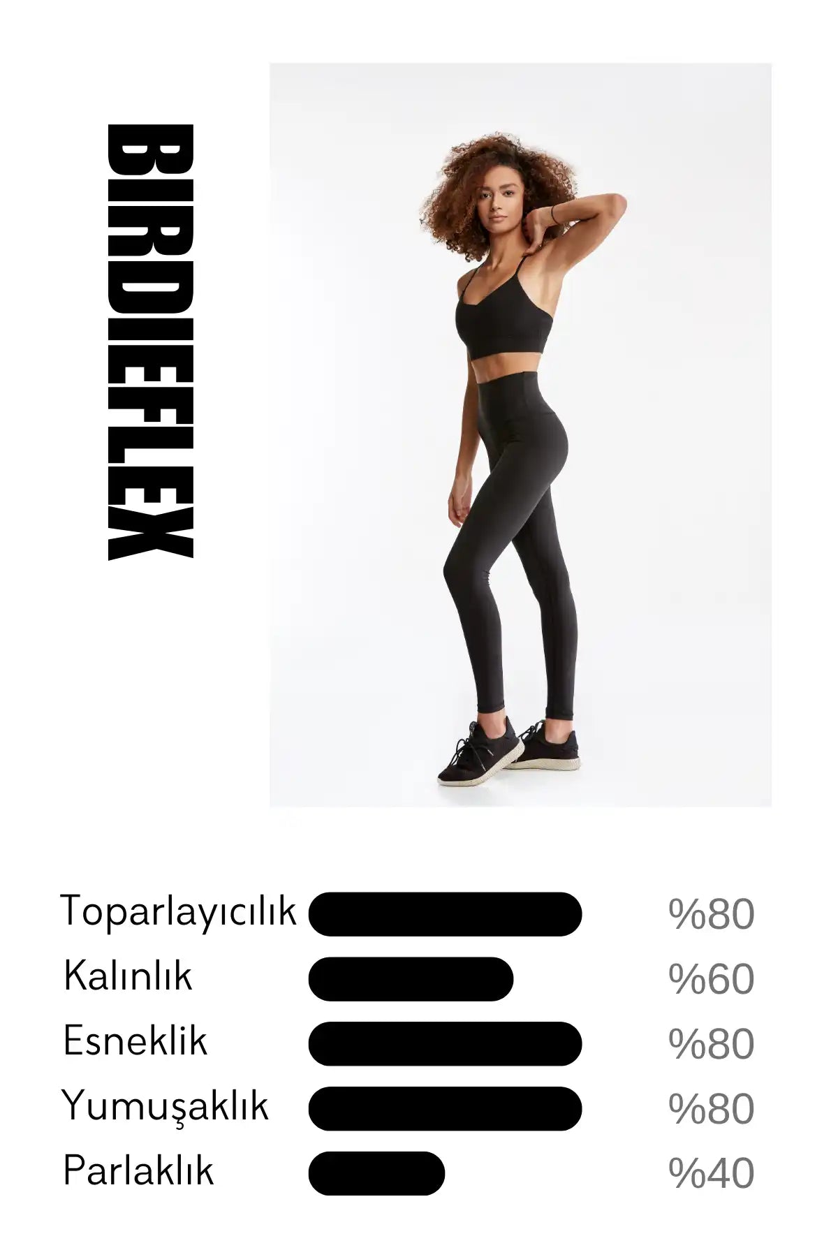 Performans metrikleri elastikiyet, yumuşaklık ve parlaklık özellikleri için gösterilen atletik siyah tayt.