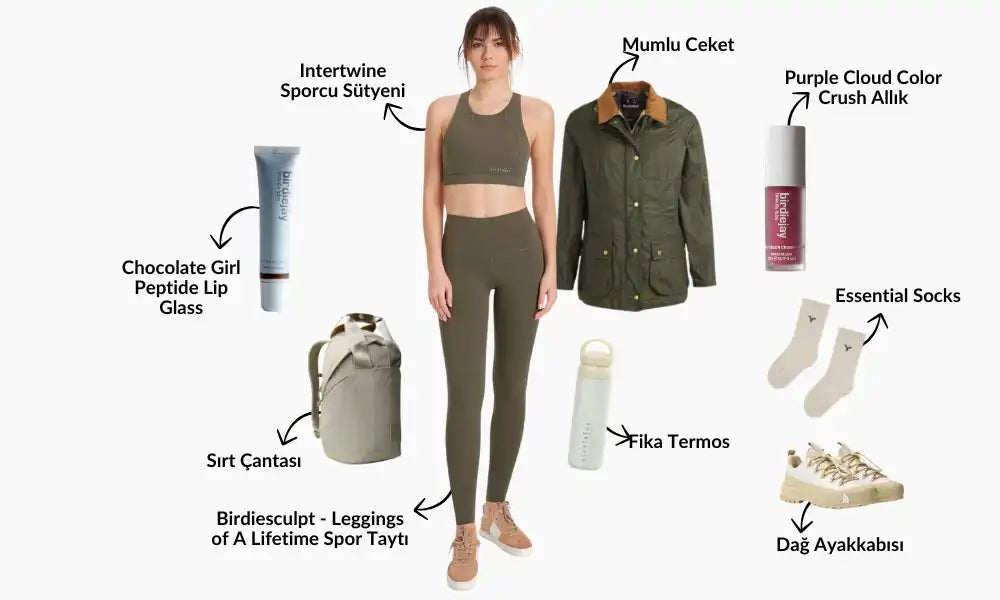 Kadın spor giyim ve aksesuar kolajı.