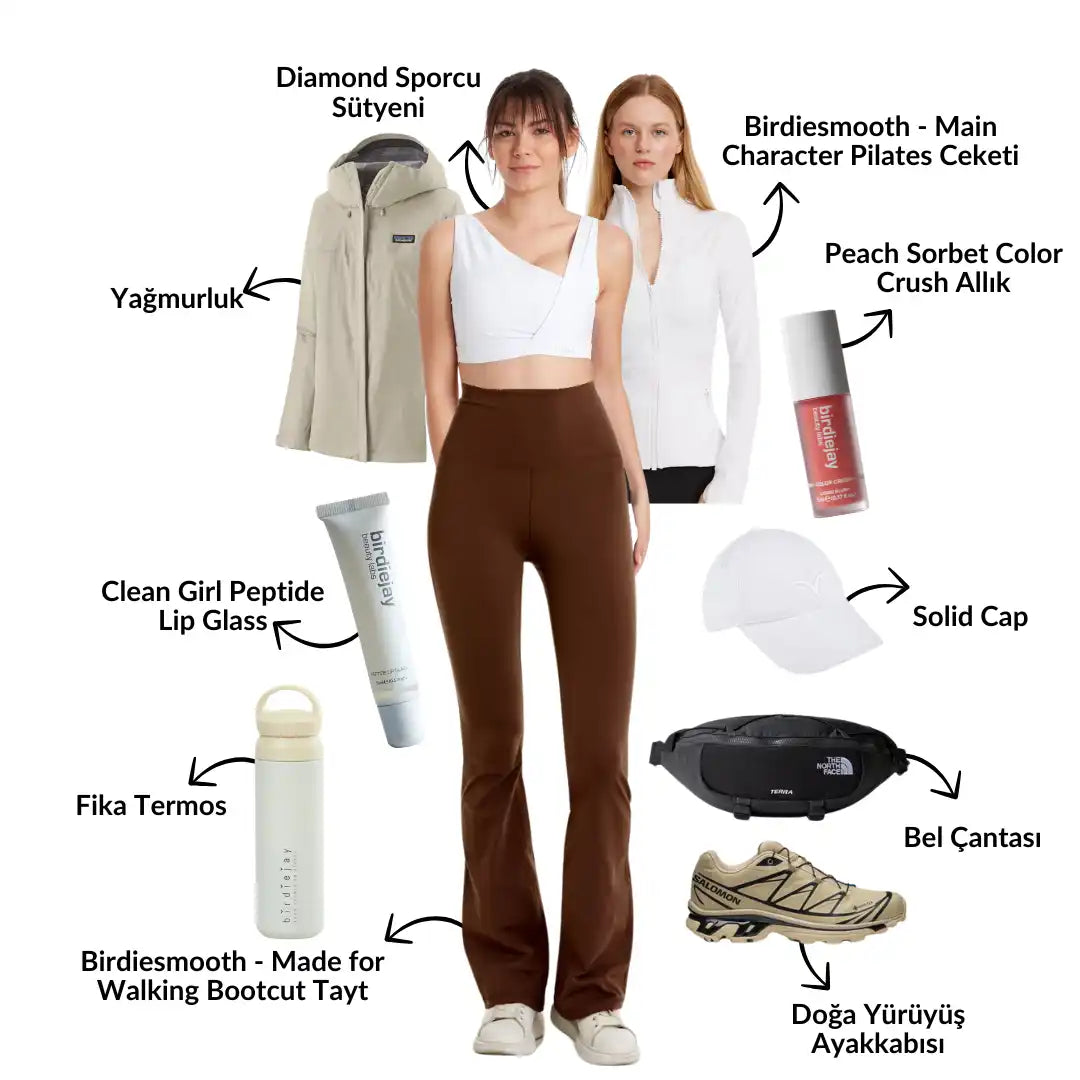 Kadın aktivite giysileri ve aksesuarları koleksiyonu.