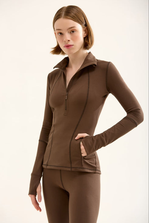 BIRDIESMOOTH - Statement Half Zip Brown Half Zippered Top