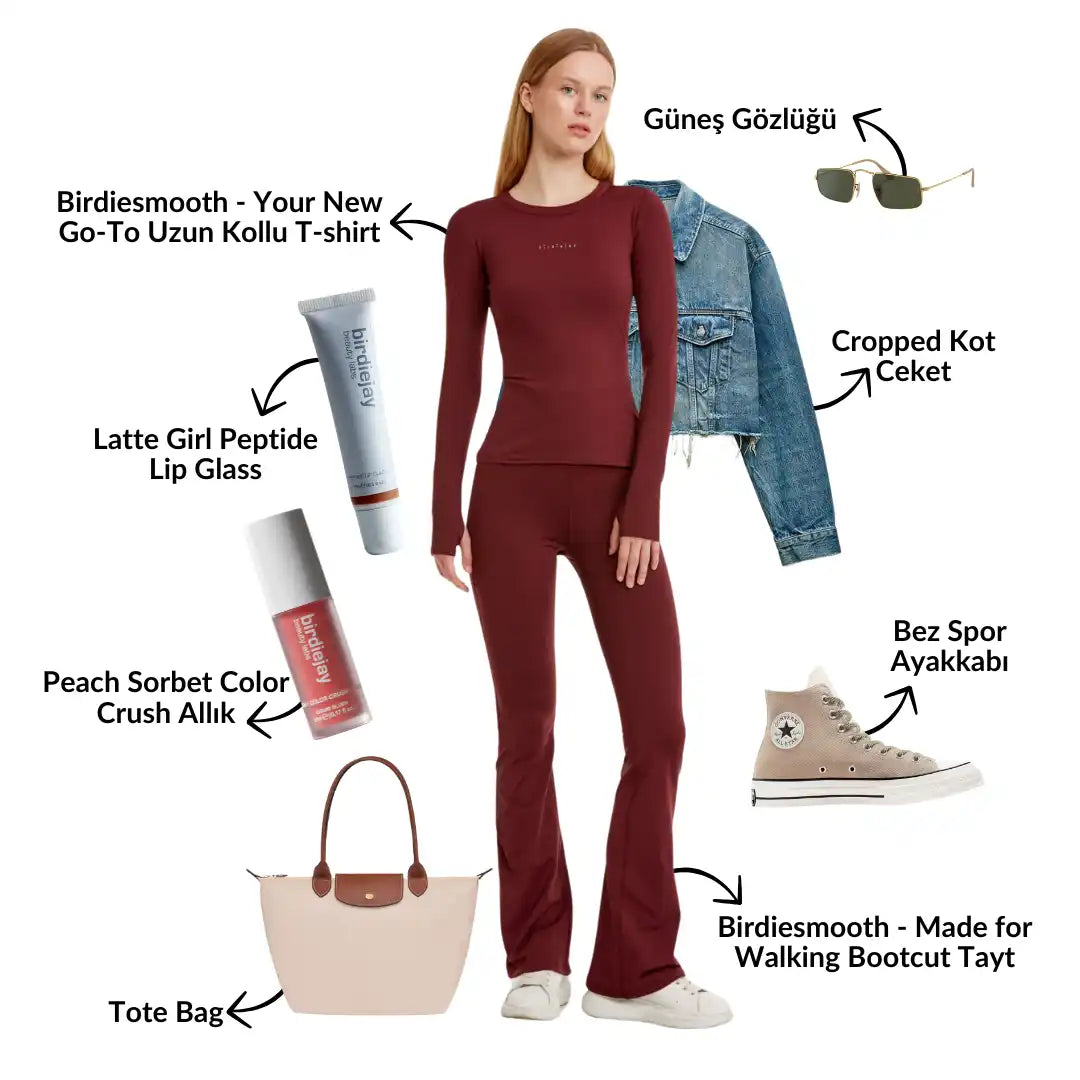 Bordo uzun kollu üst ve geniş paçalı pantolon takımı.