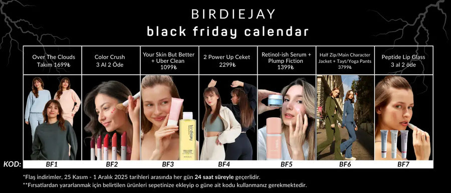 Çeşitli modellerin farklı kıyafetler ve aksesuarlar sergilediği Kara Cuma takvimi.