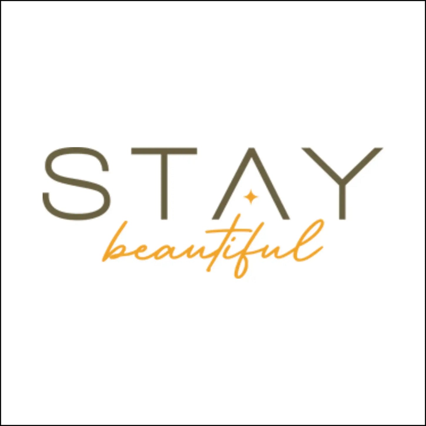 İki farklı font ve renkte ’STAY beautiful’ kelimelerini içeren bir dijital logo, ’STAY.’ kelimesinin ’A’ harfi içinde küçük bir yıldız tasarımıyla.