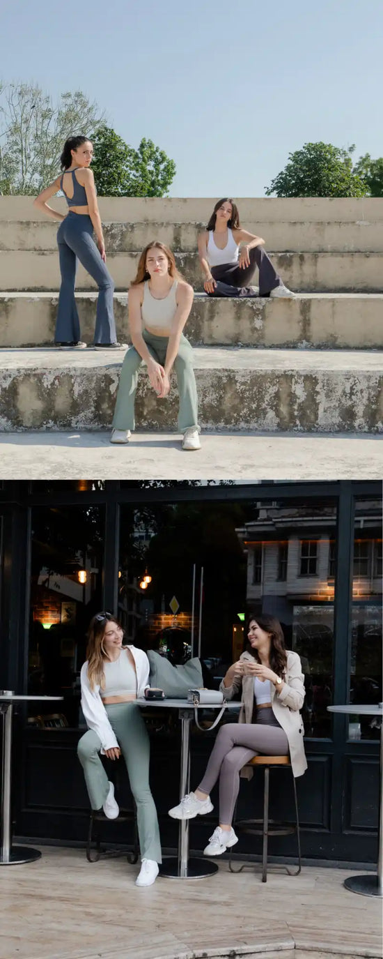 Beton merdivenlerde ve açık hava kafe masasında dinlenen insanları gösteren iki fotoğraf kolajı.