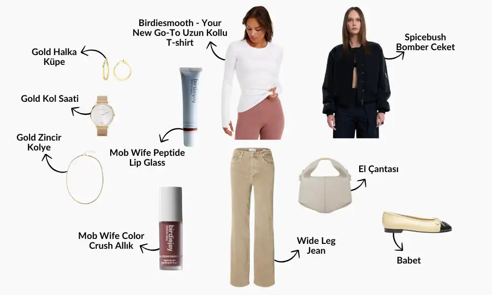 Kıyafetler ve aksesuarlarla moda kolajı.