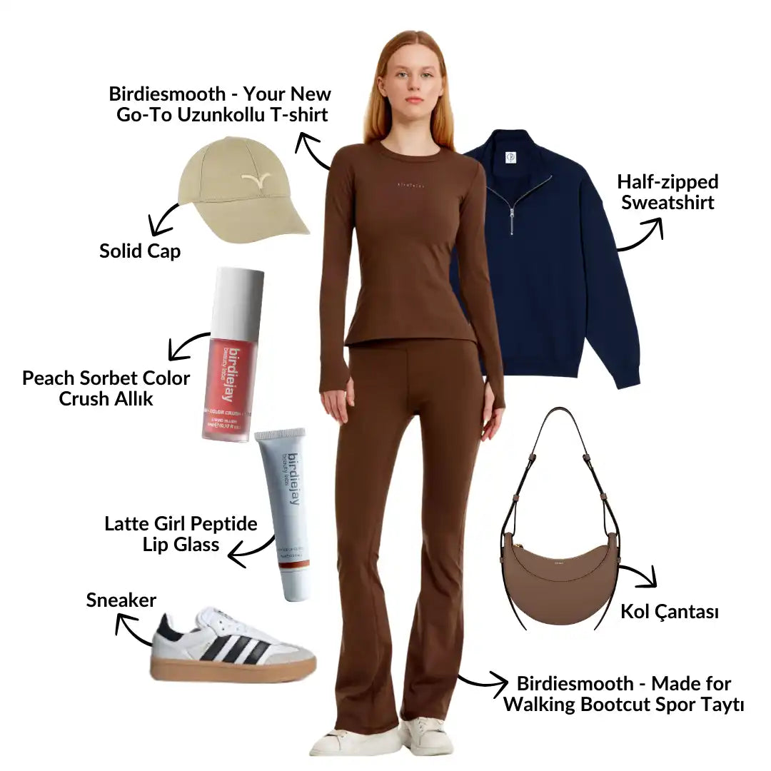 Giysi ve güzellik ürünleri ile moda kolajı.