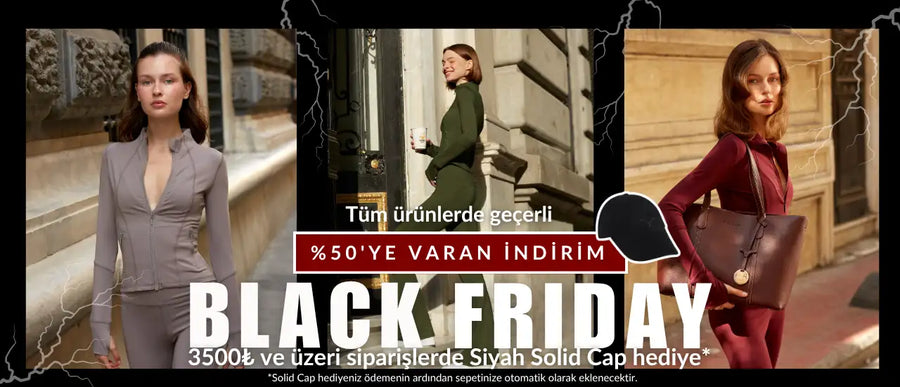 Modellerin şık kıyafetler giydiği ve yıldırım işareti vurgularıyla siyah cuma indirim afişi.