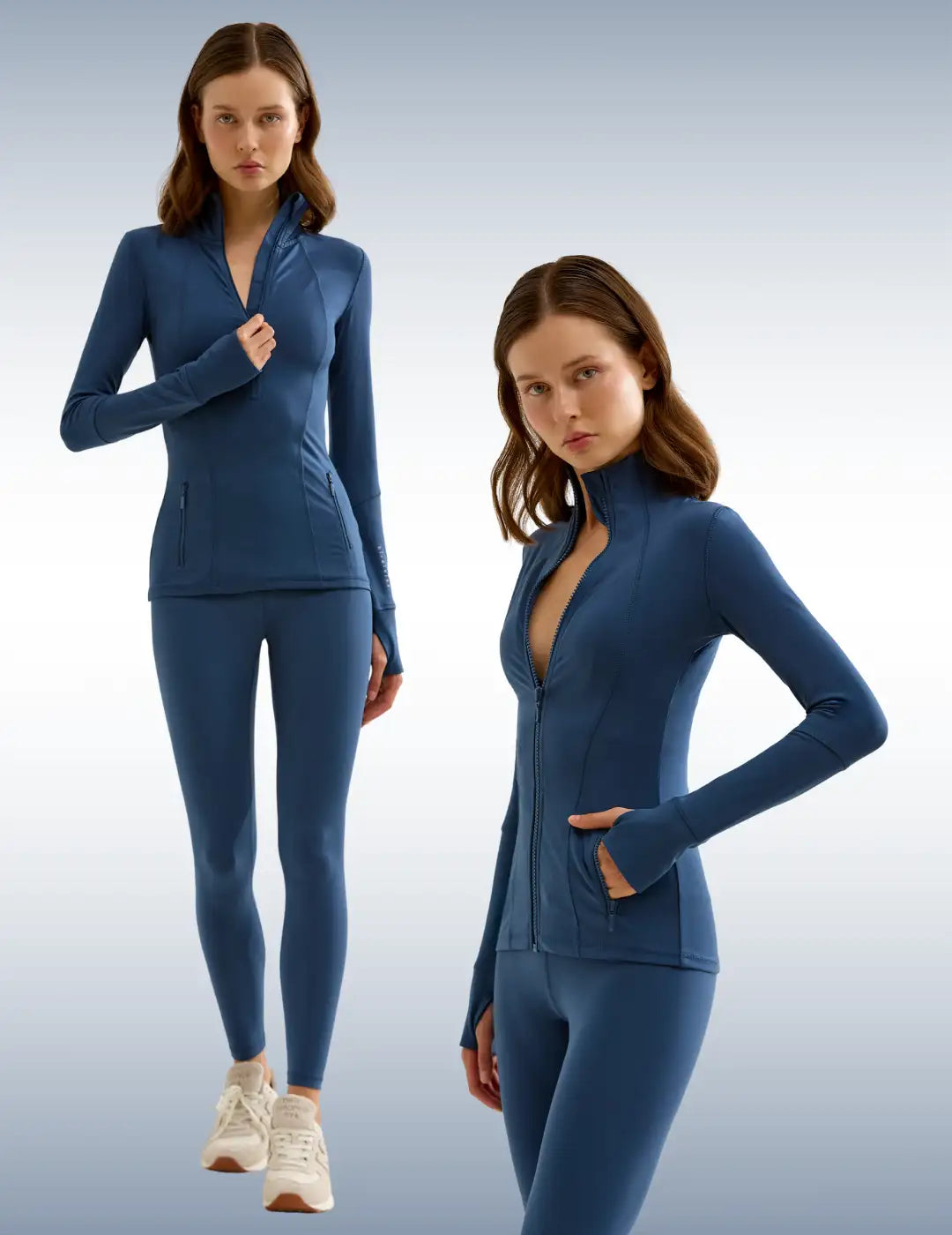 Rahatlık ve stil için tasarlanmış mavi fermuarlı atletik takım elbise, tayt ve spor ayakkabılar.