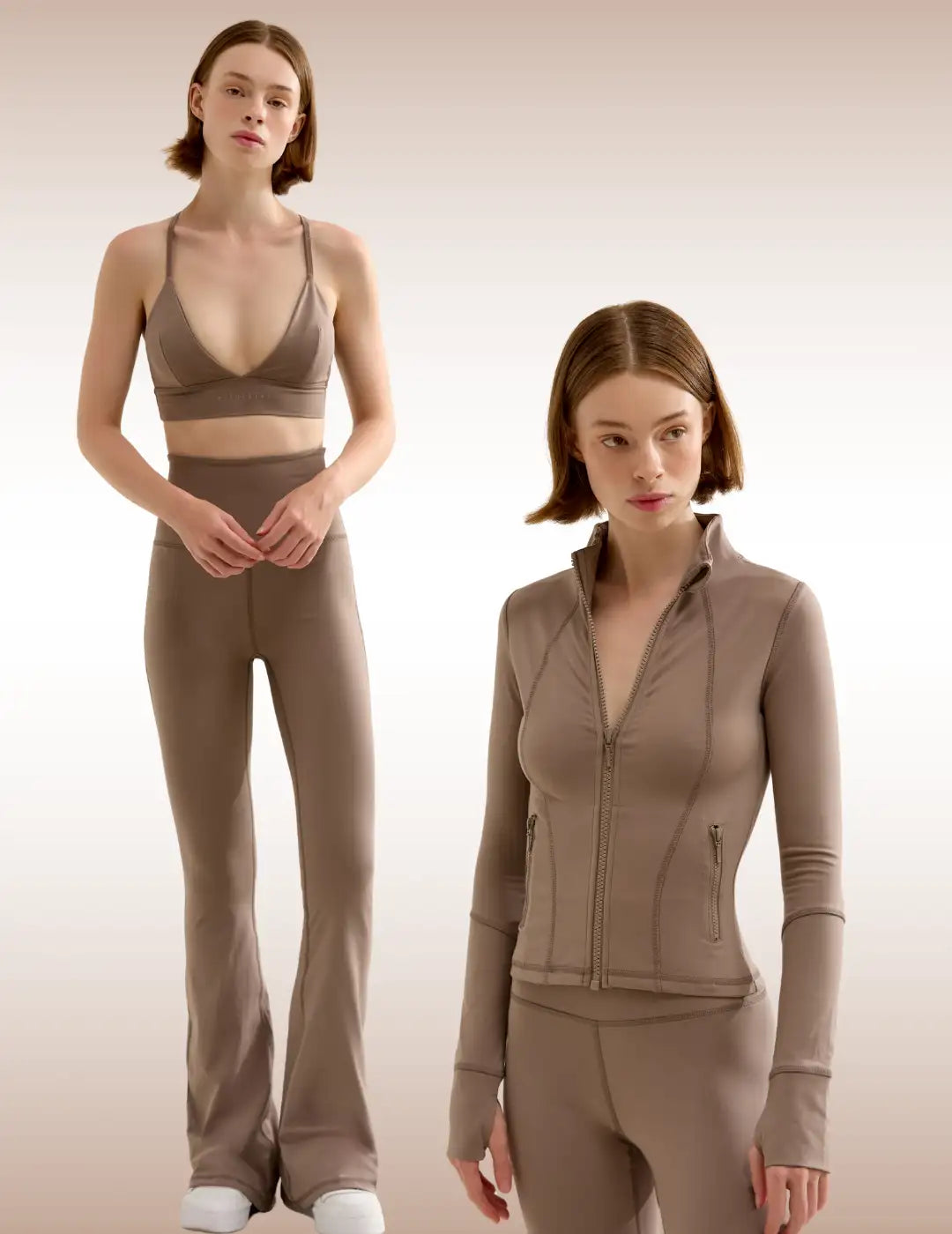 Rahatlık ve stil için tasarlanmış, uyumlu sütyen ve pantolonlu bej atletik eşofman takımı.