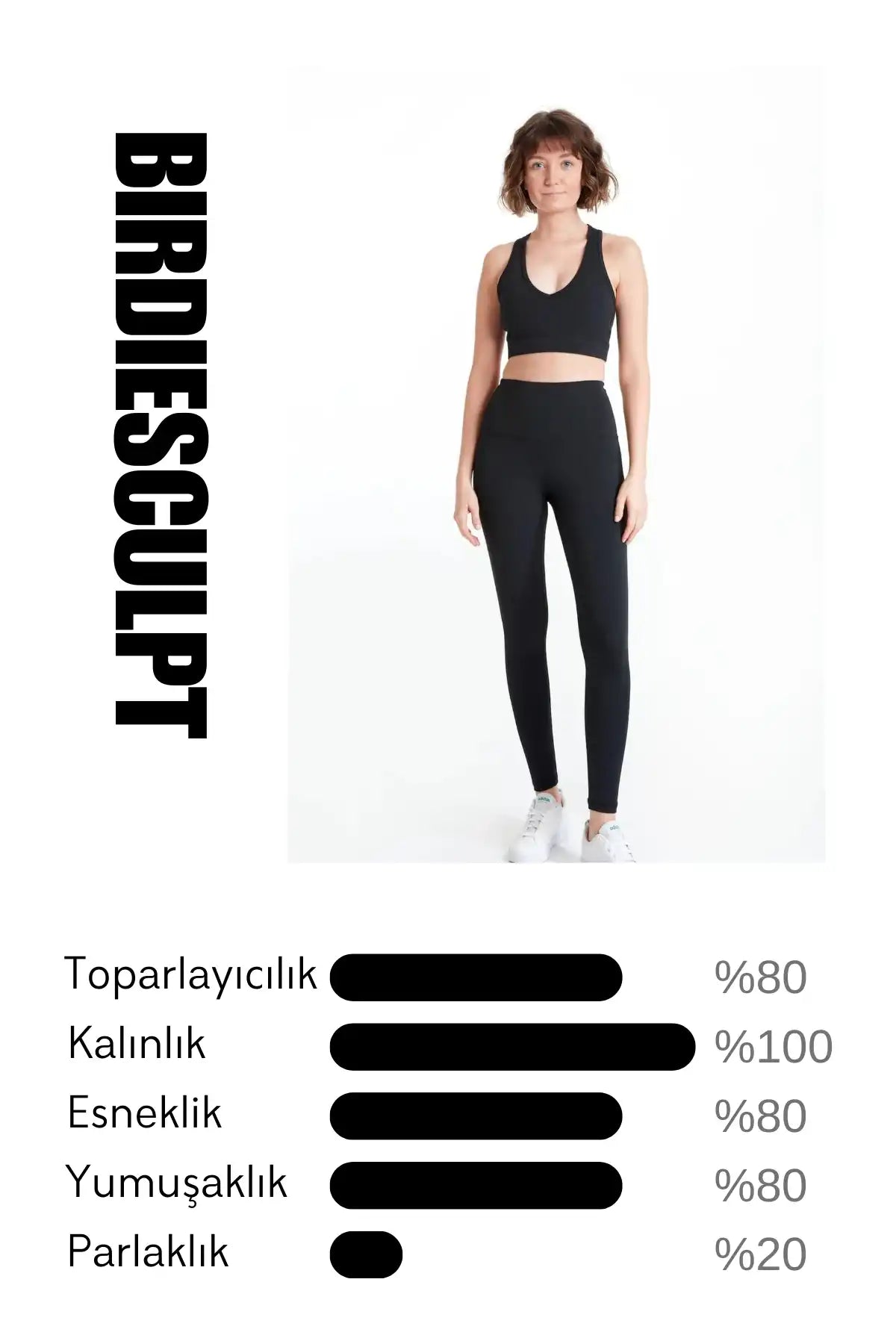 Siyah atletik iki parça spor seti, bir spor sütyeni ve yüksek bel tayt içeriyor.