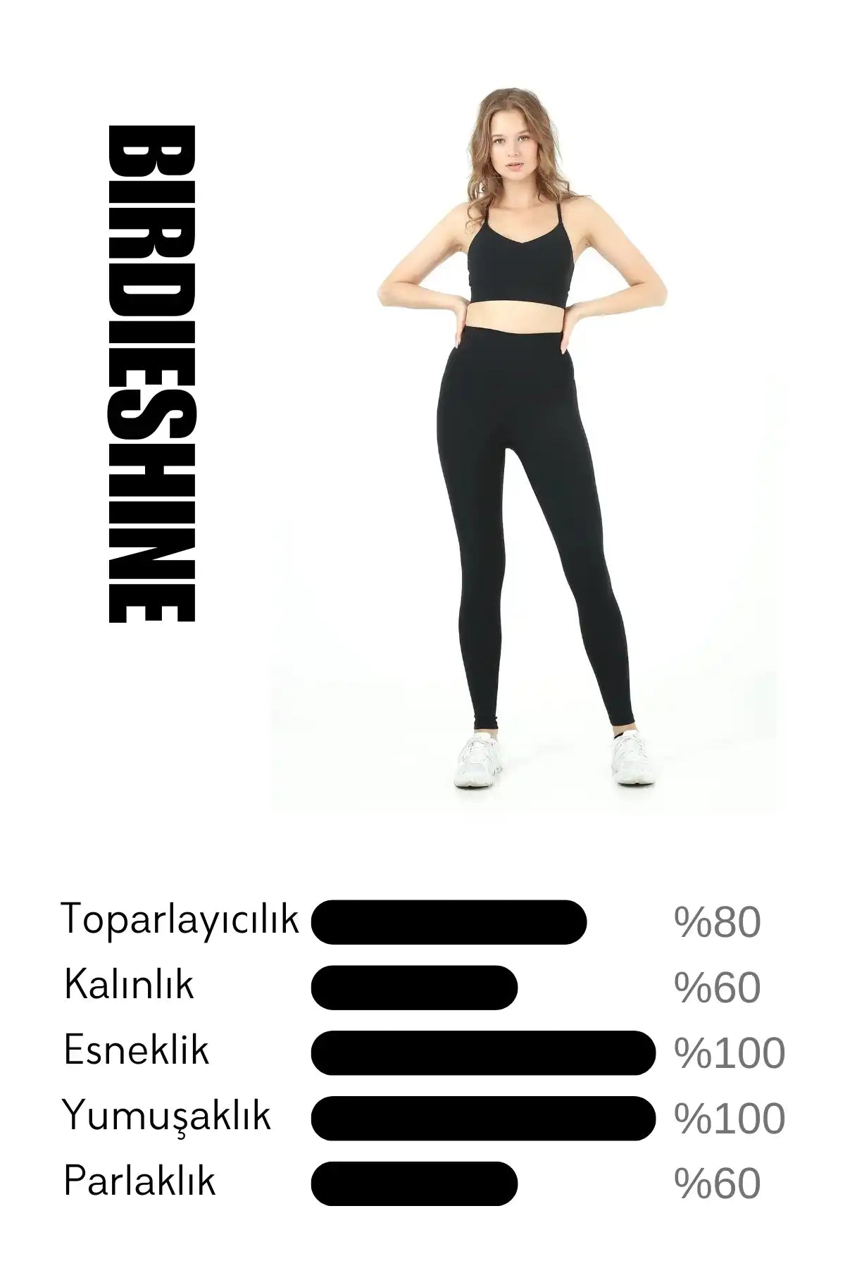 Performans verileri elastikiyet, yumuşaklık ve parlaklık için gösterilen siyah yüksek bel atletik taytlar.