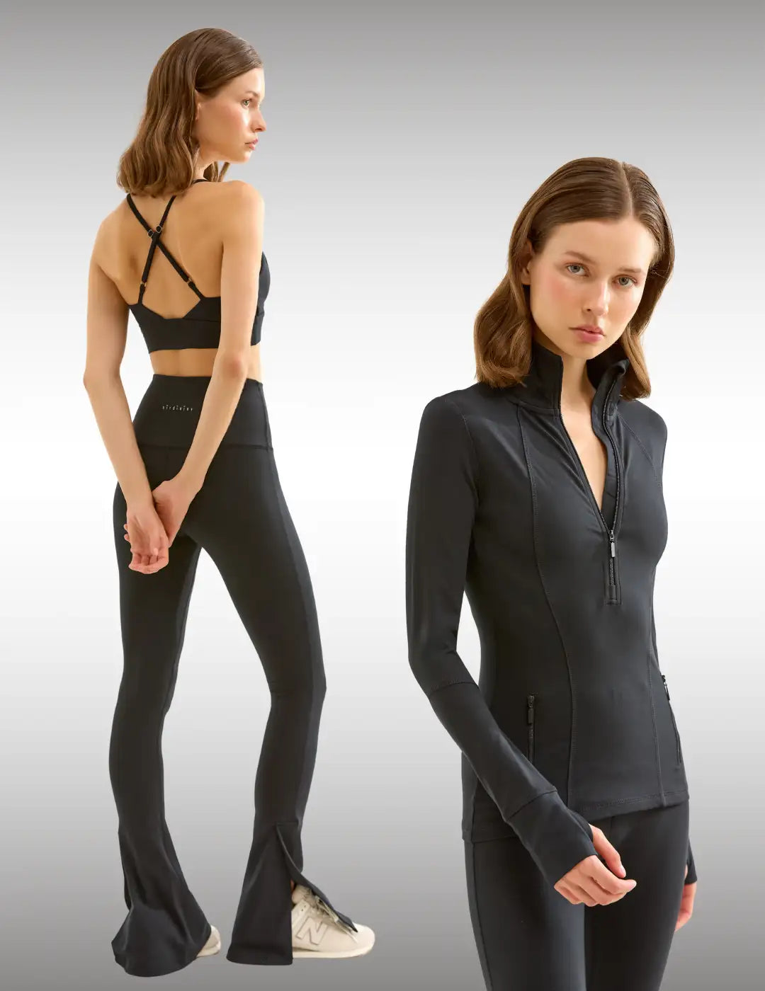 Yüksek yaka ve uzun kollu siyah deri fermuarlı ceket.