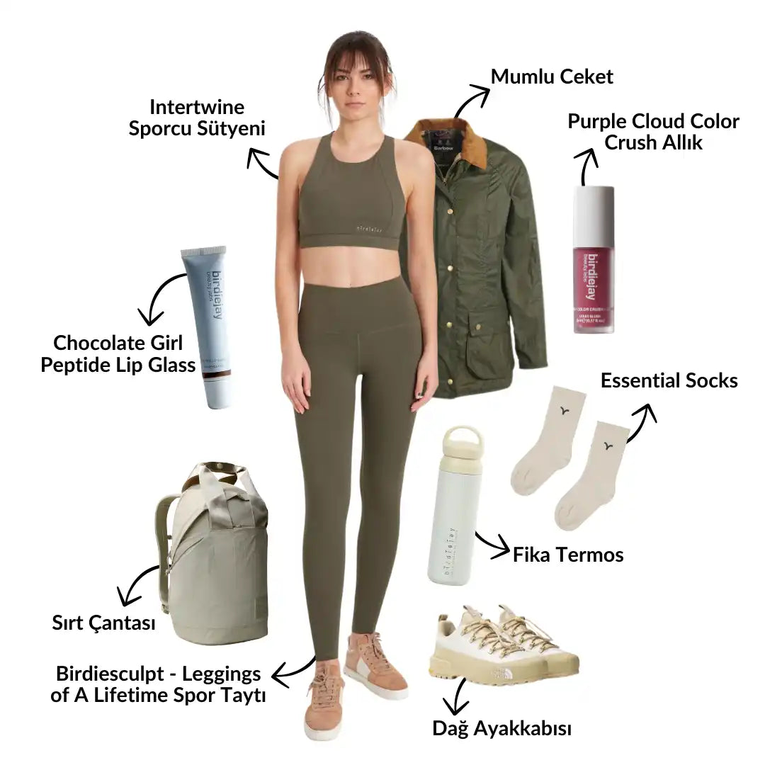 Zeytin yeşili spor kıyafetleri ve aksesuarları.